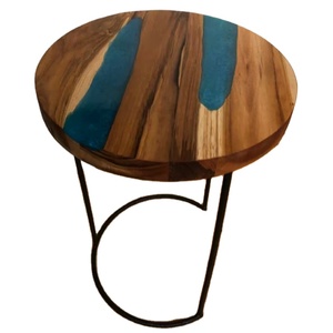 Table basse ronde en bois massif avec résine époxy, bord naturel, design contemporain, structure métallique, table d'appoint pour la maison - Product Image 1