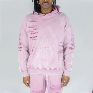 Ensemble de survêtement décontracté pour homme White Bird Express, sweat à capuche rose déchiré et pantalon de jogging déchiré, tenue streetwear décontractée 100% coton - Product Image 2
