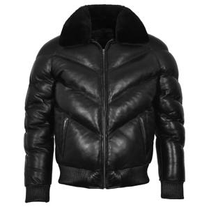 <b>Men's</b> Black <b>Leather</b> Bomber <b>Jacket</b> With <b>Faux</b> Fur Collar Zipper Closure Windproof Winter Moto Style Thick Regular Fit - Product Image 6