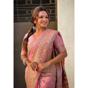 Pink Kashmiri Silk Zari Woven Saree Indian & Pakistani Clothing <b>Pashmina</b> Style - Product Image 3