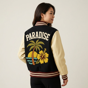 Custom Embroidered Varsity <b>Jacket</b> Unisex Casual Turn-down Collar Regular Fit PU Material Spring Style Floral Design Back Logo - Product Image 3