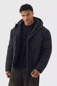 Blouson d'hiver mat noir minimaliste pour homme, matelassé, à capuche, avec fourrure, coupe-vent et chaud pour l'extérieur par temps froid - Product Image 2