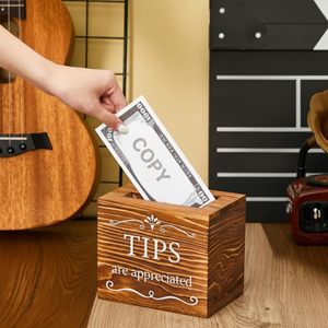 Handcrafted Wooden Tip Jar & Donation Bucket, Rustic Cash Box & <b>Coin</b> Storage Container For Bartenders, Musicians From Vietnam - Product Image 5