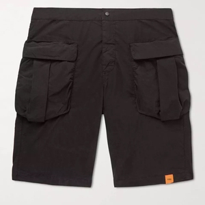 Shorts cargo pour homme, couleur unie, taille mi-haute, cordon de serrage, taille élastique, tissu en toile respirant, style décontracté, noir, poches, logo sur le devant - Product Image 4