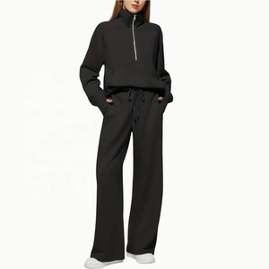 Ensemble pantalon et sweat-shirt décontracté pour femme, manches longues, coupe ample, demi-zip, couleur unie, 100% coton éponge, col double couche, séchage rapide - Product Image 6