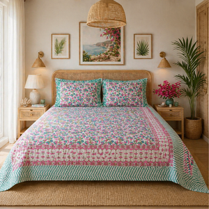 Parure de draps plats 3 pièces en coton 100% imprimé floral au bloc de couleur, 200 fils/cm², durable, doux pour la peau, non toxique, toutes saisons, pour la maison et l'hôtel - Product Image 5