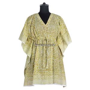 Robe kaftan en coton 100% de qualité supérieure, imprimée à la main, KFCS014, légère, pour femmes, tenue décontractée pour occasions spéciales, robe kaftan courte - Product Image 5