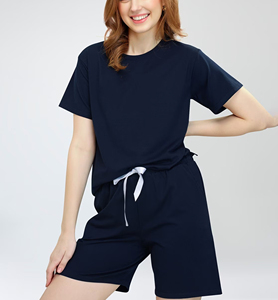 Conjunto de dos piezas de talla grande para mujer, 100% algodón, con encaje, forro polar, bloques de color sólido, ropa de verano, loungewear, con parches - Product Image 3