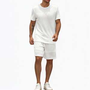 New Men's Solid Color Casual Outfit <b>Knit</b> Short Sleeve & Shorts <b>Set</b> Lightweight Beachwear Elastic Waist Summer Relaxation - Product Image 3