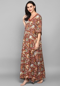 Cute Rust Hand Block Floral Printed <b>Kaftan</b> for Ladies 100% Soft Cotton Woven Eco-friendly V Neckline Half Sleeves Natural - Product Image 2