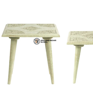 Vintage Carved <b>Wooden</b> Nesting Tables Set of 2 Distressed Finish Rustic Side Tables for Living Room Bedroom Home Decor Ottomans - Product Image 2