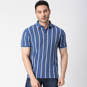 Polo pour homme à rayures verticales bleues et blanches, t-shirt décontracté à manches courtes et col, coton de qualité supérieure - Product Image 3