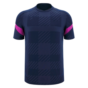 Camiseta Deportiva Premium Color Azul Marino Oscuro con Patrón a Cuadros Tonales y Detalles de Rayas Rosas, OEM ODM, Secado Rápido, Estilo Rugby - Product Image 1