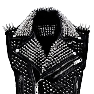 Chaleco de cuero genuino para hombre, estilo punk, con remaches, cremalleras y bolsillos, cuello vuelto, ropa de abrigo de invierno, longitud regular - Product Image 2