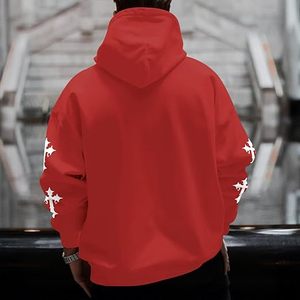 Sweat-shirt à capuche rouge personnalisé pour homme, coupe oversize, décontracté, en coton tricoté, pour l'automne, imprimé croix blanche, manches classiques, OEM - Product Image 6