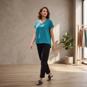 Blusa de Mujer con Cuello en V y Manga Corta, Color Verde Azulado, Corte Holgado, Color Sólido, Informal, Ecológica, Tejida, para Primavera y Verano - Product Image 3