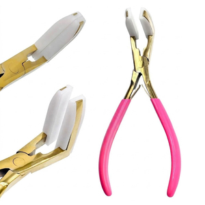 Pince à extensions capillaires en titane doré, corps en acier inoxydable, mâchoires en silicone blanc, poignées roses, pince de pose d'extensions adhésives - Product Image 1