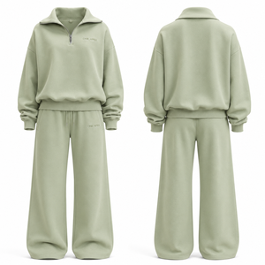 Conjunto de chándal de felpa gruesa premium para mujer: Sudadera oversize con cremallera de un cuarto y pantalones de chándal de pierna ancha OEM ODM - Product Image 1