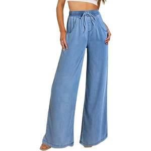 2025 2025 été femmes taille haute bleu clair cordon Denim pantalon jambe large jean en taille 6 haut - Product Image 4