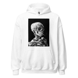 Sweat à capuche oversize en coton 100% brodé, motif squelette fumeur gothique, art horrifique Van Gogh, collection automne - Product Image 1