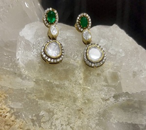 <b>studs</b> <b>earring</b> in drop design with green doublet in silver jewelry 925 for bridal polki stone handmade jewelry for women - Product Image 5