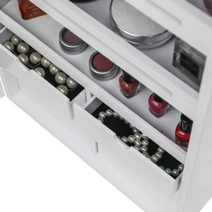 Armadietto a Muro Bianco a 4 Ripiani con 6 Cassetti, 8 Luci LED Blu, Specchio Non Intero, in Legno, per Organizzare e Conservare Gioielli - Product Image 5