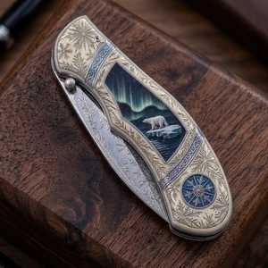 Navaja Plegable Artística con Diseño de Oso Polar y Aurora, Grabado de Copo de Nieve, Apertura con Perilla, Punta Afilada - Product Image 1