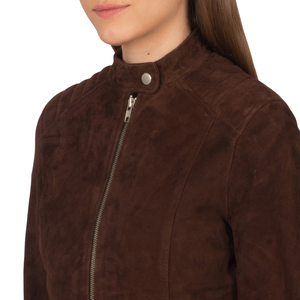 Chaqueta de Motociclista para Mujer, de Cuero Genuino Marrón, con Cuello Alto y Cierre de Cremallera - Product Image 6