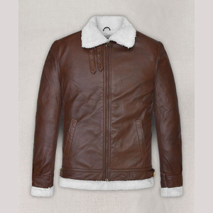 Men's Brown Genuine <b>Leather</b> Shearling <b>Coat</b> Jacket Turn Down Collar Zipper Winter <b>Coat</b> - Product Image 1