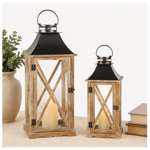 Wholesale Set of 2 Rustic Farmhouse Wooden Metal Candle <b>Lanterns</b> <b>Large</b> Decorative Floor Hurricane <b>Lanterns</b> for Indoor Outdoor - Product Image 5