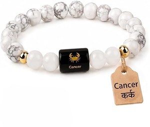 Pulsera de Cuarzo del Zodíaco del Cáncer de Grado Premium con Cuentas Negras Grabadas y Etiqueta de Cobre con Símbolo Sánscrito Estilo Feng Shui - Product Image 1