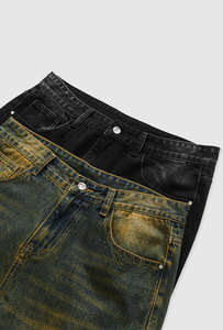 Jean Baggy Léger Coupe Droite en Coton Denim Selvedge Brut avec Boutons Décoratifs Respirant Uni - Product Image 4