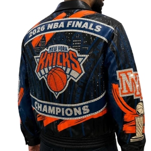 Chaqueta de Cuero para Hombre, Talla XS, de Piel de Vaca, Estilo Estándar, Campeones de las Finales de Baloncesto de Nueva York, Venta al Por Mayor |   Negro Azul Naranja para Hombre - Product Image 2