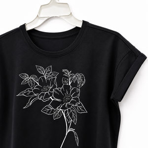 Camiseta de Mujer Negra con Lentejuelas y Logotipo, 100% Algodón Suave, Estampado Floral de Puntos y Líneas Artísticas, Manga Corta, Cuello Redondo, Estilo Casual - Product Image 4