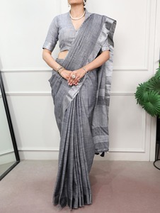 Sari Tradicional Indio de Lino con Tejido Zari para Uso Casual y Eventos Festivos, Atuendo Moderno y Elegante para Mujer - Product Image 1