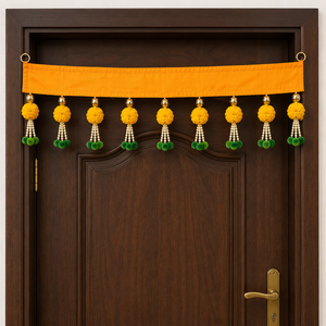 Traditional Handmade Orange Pink Toran Door Hanging with Yellow Pom Pom Pearl Tassels Gold Embroidery Indian Festive Decor - Product Image 3