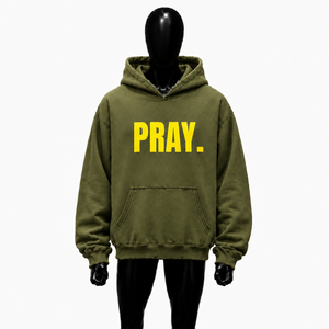 เสื้อฮู้ดโอเวอร์ไซส์ลายกราฟิก Olive Pray สไตล์สตรีทแวร์สำหรับผู้ชาย พิมพ์ลายตัวอักษรสีเหลือง เสื้อฮู้ดแบบสวมหัวลำลองสั่งทำได้ - Product Image 1