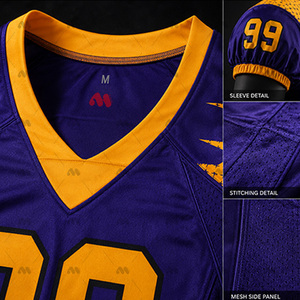 Ensemble d'uniformes de football américain personnalisés, violet et or, maillot et pantalon sublimés, coupe ajustée pour homme, évacuation de l'humidité, toutes saisons, vêtements d'équipe - Product Image 5