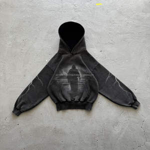 Jersey con etiqueta de fabricante personalizado para hombre, ropa de calle, algodón, peso pesado, chenilla, bordado, Vintage, lavado, cuadrado, recortado, Sudadera con capucha - Product Image 5