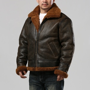 Blouson aviateur en cuir d'agneau véritable pour homme avec col montant et logo frontal, blouson de moto épais avec doublure en cuir d'agneau - Product Image 3
