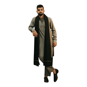 <b>Men's</b> Gray Cotton <b>Kurta</b> With Black Shawl Traditional Indian Pakistani Casual Wear Floor-Length Regular Fit All Seasons - Product Image 4
