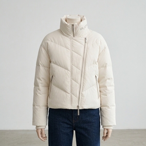 Unisex <b>White</b> Puffer <b>Jacket</b> Stand Collar <b>Short</b> Length Windproof Polyester Wadding Winter Casual Zipper Closure - Product Image 1