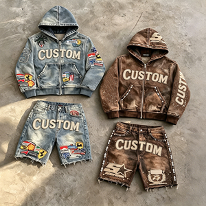Ensemble sweat à capuche zippé en jean et short déchiré pour homme, broderie patchwork, streetwear délavé, logo personnalisé OEM ODM - Product Image 2