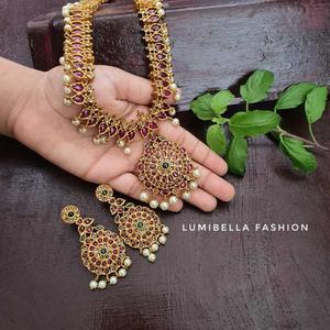 Antique Gold Plated Alloy Crystal Oxidized Polish Kemp Studded <b>Bridal</b> Haram <b>Necklace</b> <b>and</b> <b>Earring</b> <b>Set</b> for Anniversary - Product Image 3