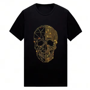 Camisetas de Lujo para Hombre con Calavera de Diamantes de Imitación, Camiseta Negra de Algodón Personalizada con Gráficos Brillantes, Estilo Urbano, Manga Corta, Venta al por Mayor OEM - Product Image 1