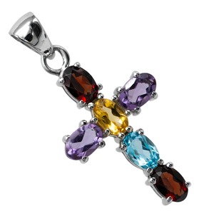 Luxury 925 <b>Sterling</b> <b>Silver</b> Rhodium Plated Multicolor Oval Gemstone <b>Cross</b> <b>Pendant</b> for Women Fine Jewelry - Product Image 2