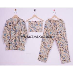 Ensemble de pyjama en coton imprimé à la main avec motifs floraux indiens colorés pour femmes, vêtements de nuit décontractés bohèmes et hippies pour l'été - Product Image 6