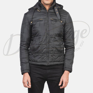 Chaqueta Acolchada Negra de Invierno para Hombre con Capucha Desmontable, Corte Ajustado Informal, Cálida, Acolchada, Resistente al Viento, Abrigo Térmico para Exteriores - Product Image 2
