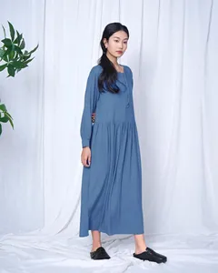 Vestido Maxi Bohemio Azul Cielo con Cuello Redondo, de Algodón y Lino, Manga Larga, Corte Holgado, Botones al Frente, Vestido Maxi Casual de Verano - Product Image 3