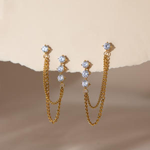 Modernos Pendientes de Cadena de Acero Inoxidable Chapados en Oro de 18K con Borla de Circonitas para Perforación Doble - Product Image 2